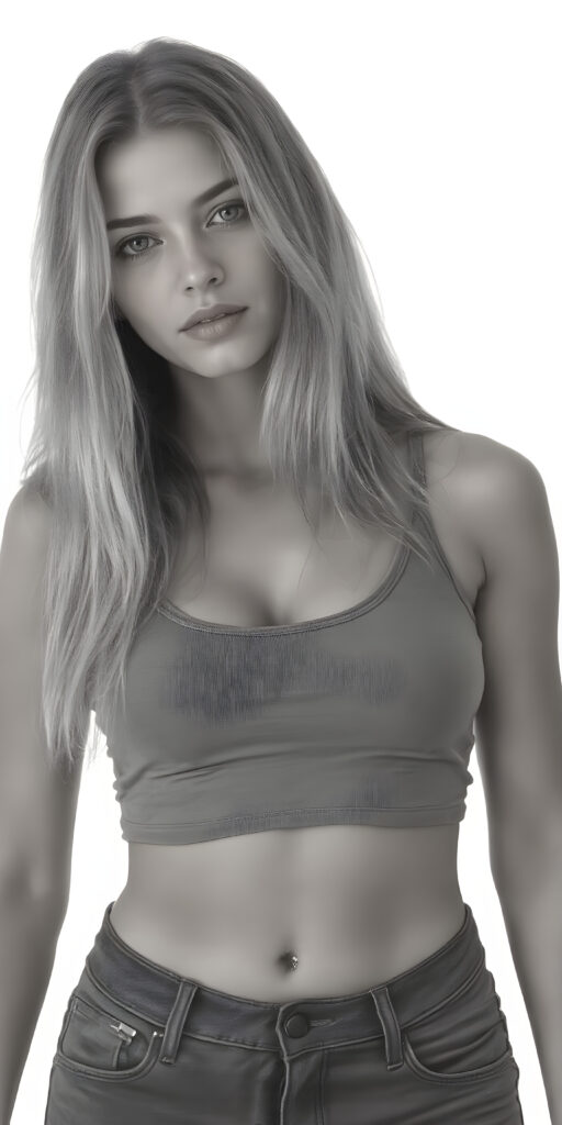 A (((professional full body photograph))) featuring a beautiful busty young teen girl, exuding seductive charm, in a mix of (((cropped tank top and tight jeans pants))), with luxuriously long, straight soft blonde hair flowing down to her waist, perfectly curved body, revealing her slender, yet beautifully proportioned belly button.