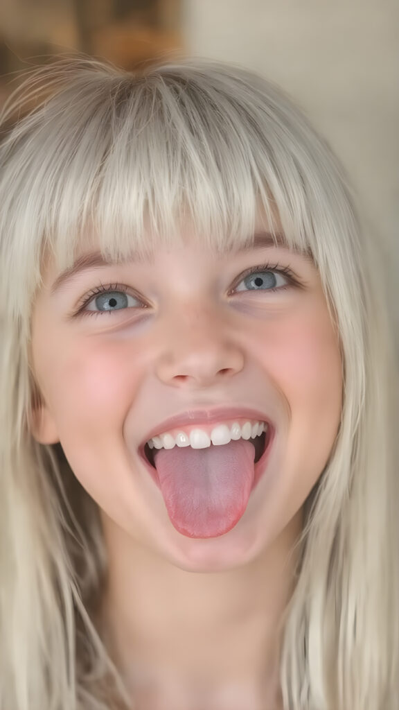 A (((professional photograph))) depicting a beautiful teenage girl with a sleek, straight white hair (((bangs))), long, soft and slightly messy hair that sticks out his tongue in a cute pose, looking up with a warm, inviting smile against a backdrop of a (wide open mouth) showcasing (white teeth) and a slightly imperfect complexion. His features are clear and detailed, with (hyperrealistic texture) that gives off a (high-quality, HDR-optimized aesthetic)