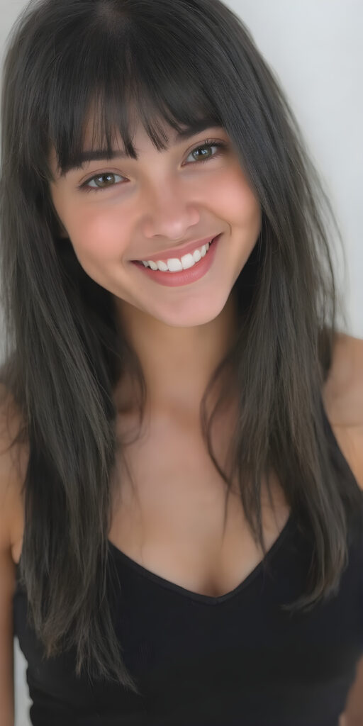 A (((professional photograph))) depicting a beautiful young well busty stunning gorgeous teenage girl with a sleek, straight black hair (((bangs))), long, soft and slightly hair, in a cute pose, looking up with a warm, inviting smile against a backdrop of a (open mouth) showcasing (white teeth) and a slightly imperfect complexion. His features are clear and detailed, with (hyper realistic texture), she wears a black short tank top, wide open front, deep v-neck, perfect fit body