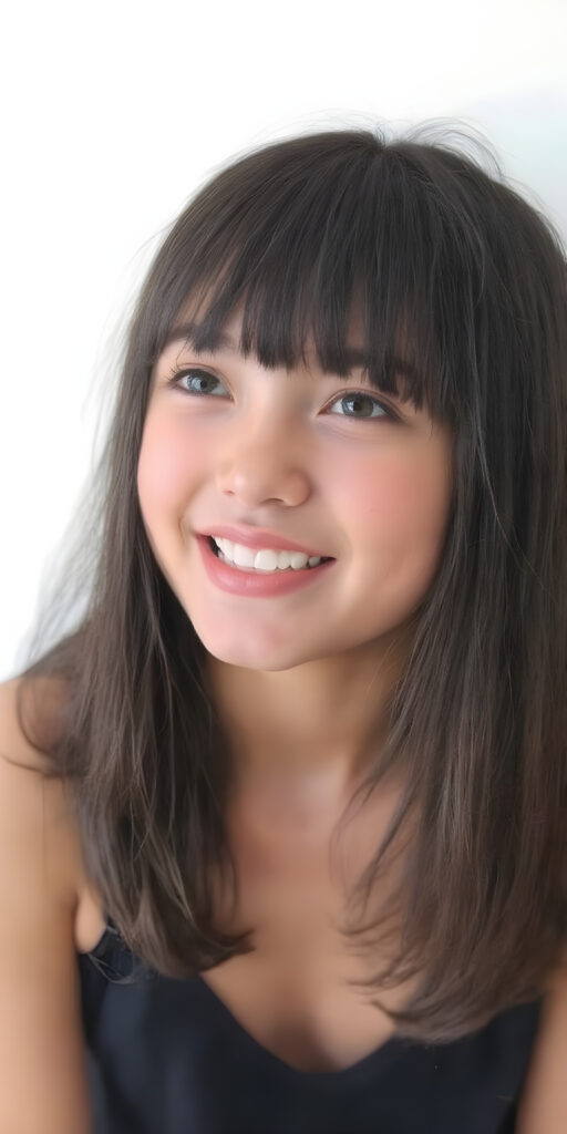 A (((professional photograph))) depicting a beautiful young well busty stunning gorgeous teenage girl with a sleek, straight black hair (((bangs))), long, soft and slightly hair, in a cute pose, looking up with a warm, inviting smile against a backdrop of a (open mouth) showcasing (white teeth) and a slightly imperfect complexion. His features are clear and detailed, with (hyper realistic texture), she wears a black short tank top, wide open front, deep v-neck, perfect fit body