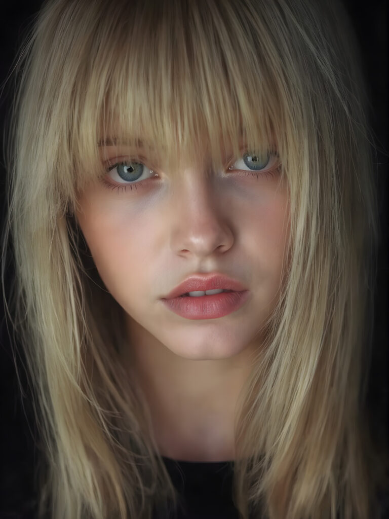 A (((professional photograph))) featuring a girl with beautifully straight, long, flowing blond hair framing her face, intricate details and patterns that mimic the texture of skin, with perfectly symmetrical, evenly spaced bangs that extend gracefully outwards. Her lips are full, painted in dramatic red color contrasted by the black background, creating a stunningly visual impact