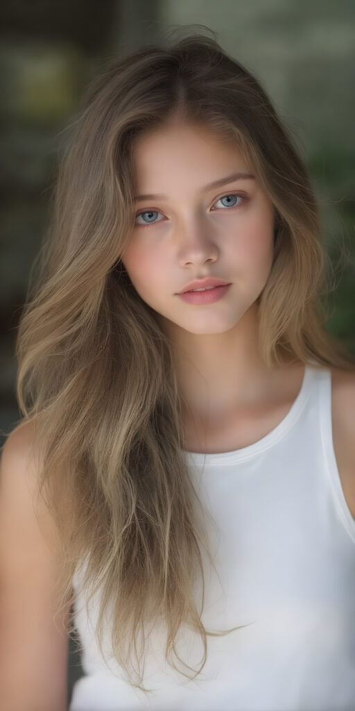 A (((professional photograph))) capturing a (((beautiful young girl))) with luxurious, ((extremely long, soft wavy hair)) that flows down in a serene cascade, complemented by a (((white fitted tank top))). Her face has a delicate round frame, with full lips and ((almond skin)) that gives off a healthy glow. She wears a light yet elegant ((summer dress)) in a soft pastel color, which enhances her natural looking beauty. The image exudes a sense of tranquility and refinement, making it perfectly suitable for a high-resolution image portraying a realistic summer look