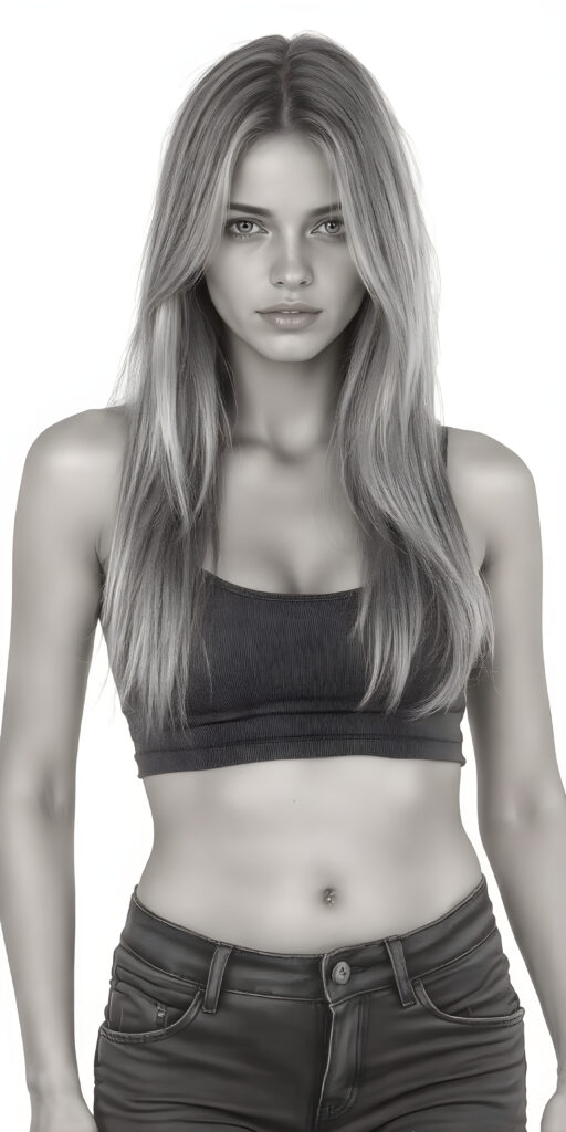 A (((professional full body photograph))) featuring a beautiful busty young teen girl, exuding seductive charm, in a mix of (((cropped tank top and tight jeans pants))), with luxuriously long, straight soft blonde hair flowing down to her waist, perfectly curved body, revealing her slender, yet beautifully proportioned belly button.