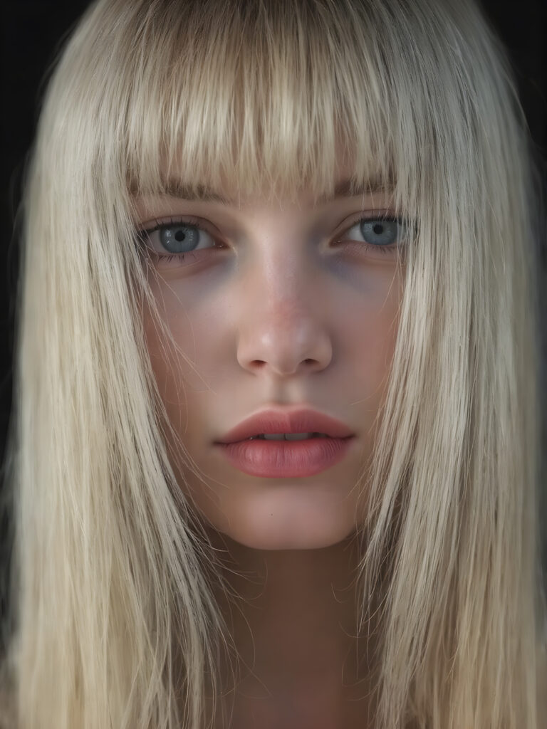 A (((professional photograph))) featuring a girl with beautifully straight, long, flowing blond hair framing her face, intricate details and patterns that mimic the texture of skin, with perfectly symmetrical, evenly spaced bangs that extend gracefully outwards. Her lips are full, painted in dramatic red color contrasted by the black background, creating a stunningly visual impact