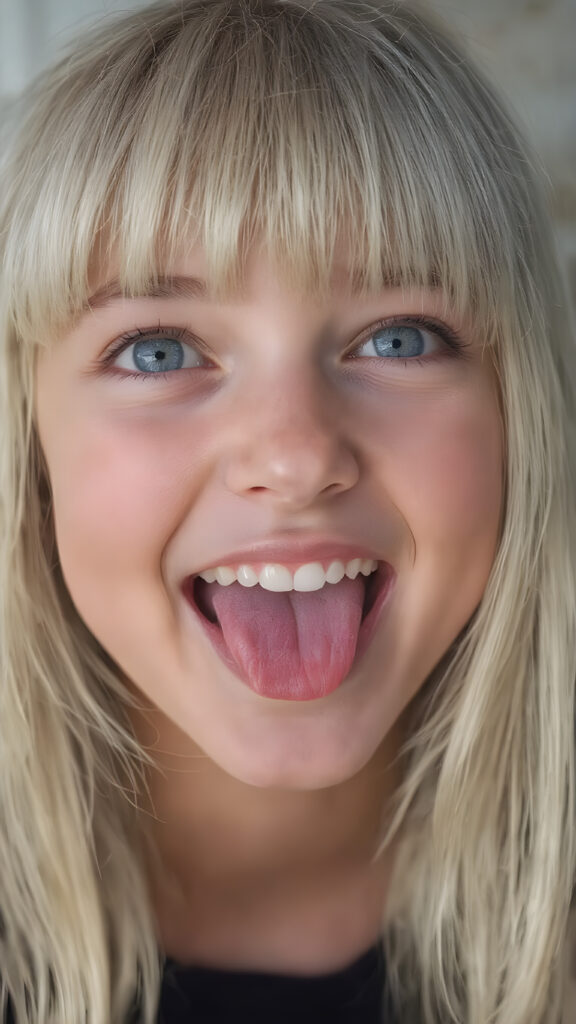 A (((professional photograph))) depicting a beautiful teenage girl with a sleek, straight white hair (((bangs))), long, soft and slightly messy hair that sticks out his tongue in a cute pose, looking up with a warm, inviting smile against a backdrop of a (wide open mouth) showcasing (white teeth) and a slightly imperfect complexion. His features are clear and detailed, with (hyperrealistic texture) that gives off a (high-quality, HDR-optimized aesthetic)