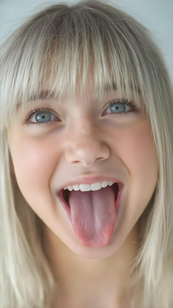 A (((professional photograph))) depicting a beautiful teenage girl with a sleek, straight white hair (((bangs))), long, soft and slightly messy hair that sticks out his tongue in a cute pose, looking up with a warm, inviting smile against a backdrop of a (wide open mouth) showcasing (white teeth) and a slightly imperfect complexion. His features are clear and detailed, with (hyperrealistic texture) that gives off a (high-quality, HDR-optimized aesthetic)