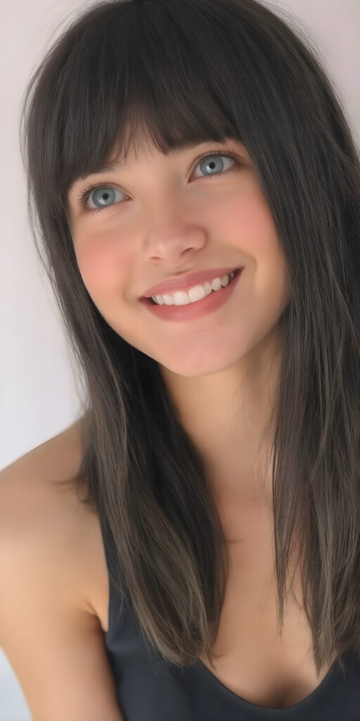 A (((professional photograph))) depicting a beautiful young well busty stunning gorgeous teenage girl with a sleek, straight black hair (((bangs))), long, soft and slightly hair, in a cute pose, looking up with a warm, inviting smile against a backdrop of a (open mouth) showcasing (white teeth) and a slightly imperfect complexion. His features are clear and detailed, with (hyper realistic texture), she wears a black short tank top, wide open front, deep v-neck, perfect fit body