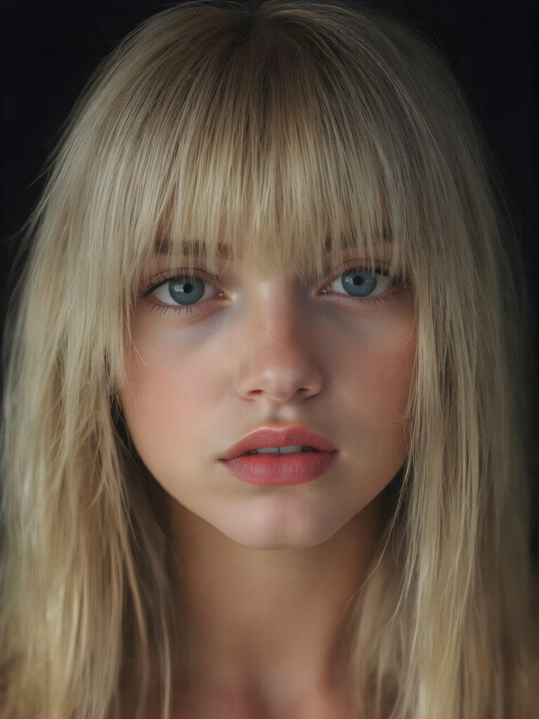 A (((professional photograph))) featuring a girl with beautifully straight, long, flowing blond hair framing her face, intricate details and patterns that mimic the texture of skin, with perfectly symmetrical, evenly spaced bangs that extend gracefully outwards. Her lips are full, painted in dramatic red color contrasted by the black background, creating a stunningly visual impact