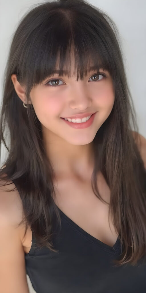 A (((professional photograph))) depicting a beautiful young well busty stunning gorgeous teenage girl with a sleek, straight black hair (((bangs))), long, soft and slightly hair, in a cute pose, looking up with a warm, inviting smile against a backdrop of a (open mouth) showcasing (white teeth) and a slightly imperfect complexion. His features are clear and detailed, with (hyper realistic texture), she wears a black short tank top, wide open front, deep v-neck, perfect fit body