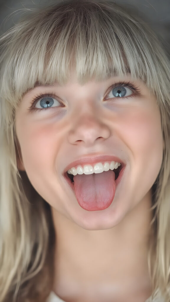 A (((professional photograph))) depicting a beautiful teenage girl with a sleek, straight white hair (((bangs))), long, soft and slightly messy hair that sticks out his tongue in a cute pose, looking up with a warm, inviting smile against a backdrop of a (wide open mouth) showcasing (white teeth) and a slightly imperfect complexion. His features are clear and detailed, with (hyperrealistic texture) that gives off a (high-quality, HDR-optimized aesthetic)