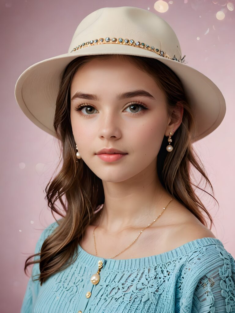 a (((professional teen girl model))) with one visible shoulder, sporting a sleek hat), accessorized with delicate jewelry and ((barely noticeable)) earrings, all against a softly diffused (+SSXL Advanced Photo realistic Diffusion: 1.2+) backdrop that exudes advanced levels of realism and exceptional quality