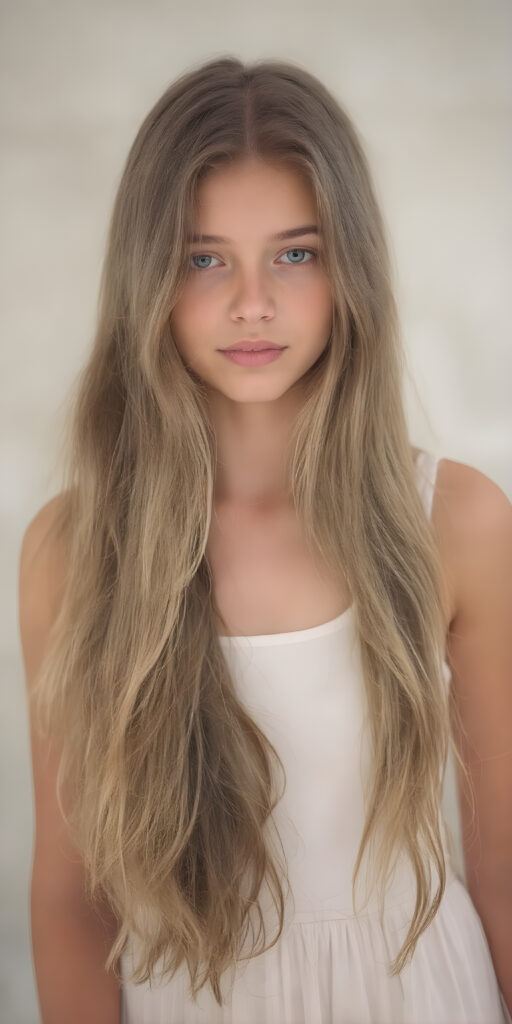 A (((professional photograph))) capturing a (((beautiful young girl))) with luxurious, ((extremely long, soft wavy hair)) that flows down in a serene cascade, complemented by a (((white fitted tank top))). Her face has a delicate round frame, with full lips and ((almond skin)) that gives off a healthy glow. She wears a light yet elegant ((summer dress)) in a soft pastel color, which enhances her natural looking beauty. The image exudes a sense of tranquility and refinement, making it perfectly suitable for a high-resolution image portraying a realistic summer look