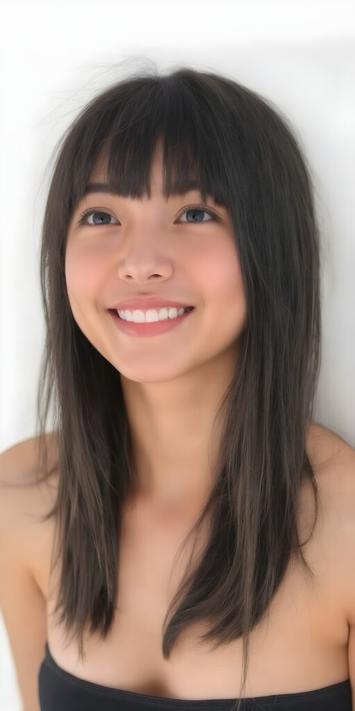 A (((professional photograph))) depicting a beautiful young well busty stunning gorgeous teenage girl with a sleek, straight black hair (((bangs))), long, soft and slightly hair, in a cute pose, looking up with a warm, inviting smile against a backdrop of a (open mouth) showcasing (white teeth) and a slightly imperfect complexion. His features are clear and detailed, with (hyper realistic texture), she wears a black short tank top, wide open front, deep v-neck, perfect fit body