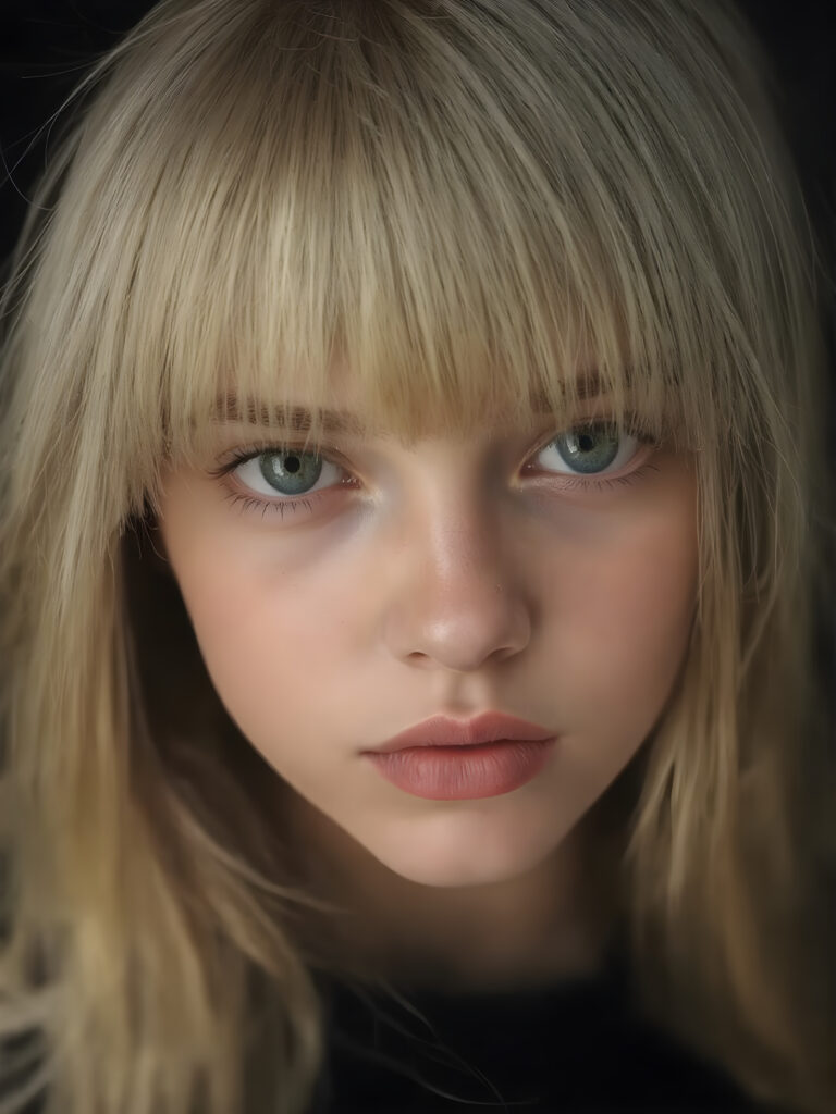 A (((professional photograph))) featuring a girl with beautifully straight, long, flowing blond hair framing her face, intricate details and patterns that mimic the texture of skin, with perfectly symmetrical, evenly spaced bangs that extend gracefully outwards. Her lips are full, painted in dramatic red color contrasted by the black background, creating a stunningly visual impact