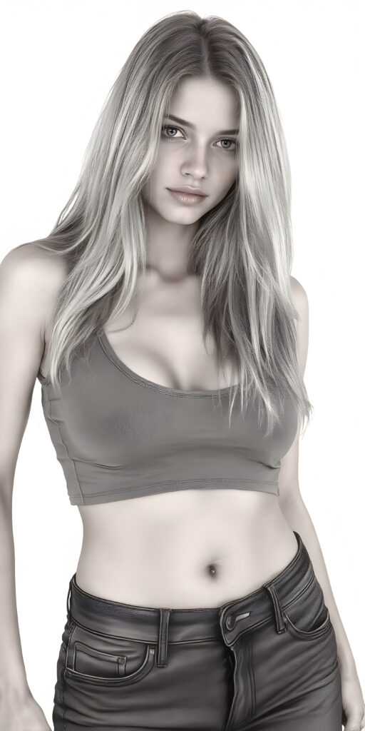 A (((professional full body photograph))) featuring a beautiful busty young teen girl, exuding seductive charm, in a mix of (((cropped tank top and tight jeans pants))), with luxuriously long, straight soft blonde hair flowing down to her waist, perfectly curved body, revealing her slender, yet beautifully proportioned belly button.