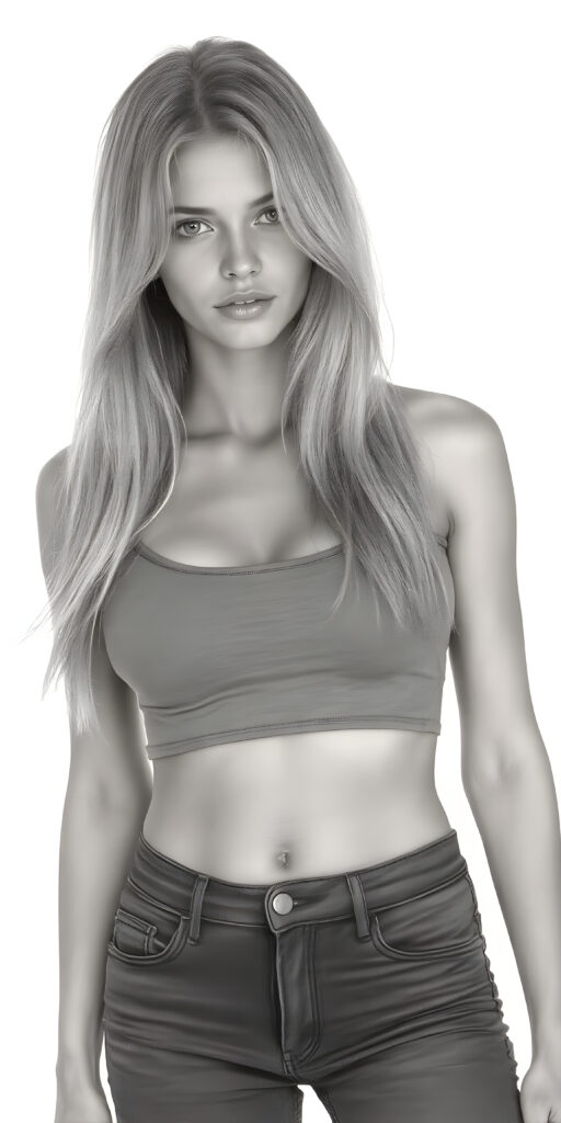 A (((professional full body photograph))) featuring a beautiful busty young teen girl, exuding seductive charm, in a mix of (((cropped tank top and tight jeans pants))), with luxuriously long, straight soft blonde hair flowing down to her waist, perfectly curved body, revealing her slender, yet beautifully proportioned belly button.