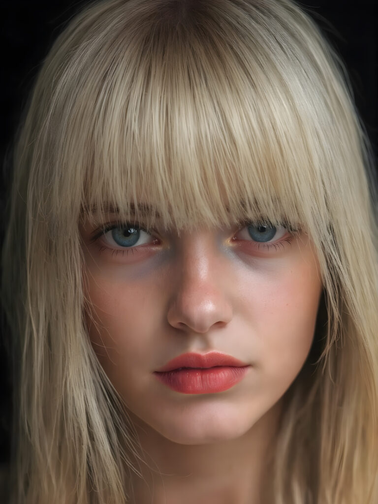 A (((professional photograph))) featuring a girl with beautifully straight, long, flowing blond hair framing her face, intricate details and patterns that mimic the texture of skin, with perfectly symmetrical, evenly spaced bangs that extend gracefully outwards. Her lips are full, painted in dramatic red color contrasted by the black background, creating a stunningly visual impact