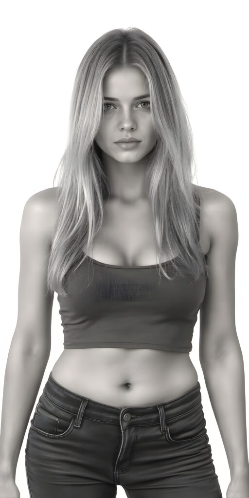 A (((professional full body photograph))) featuring a beautiful busty young teen girl, exuding seductive charm, in a mix of (((cropped tank top and tight jeans pants))), with luxuriously long, straight soft blonde hair flowing down to her waist, perfectly curved body, revealing her slender, yet beautifully proportioned belly button.