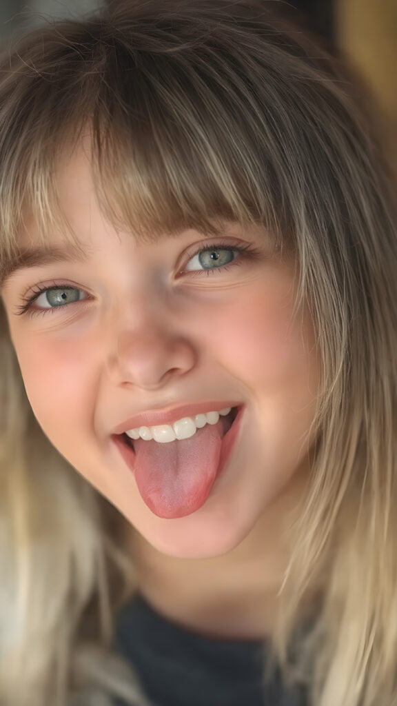 A (((professional photograph))) depicting a beautiful teenage girl with a sleek, straight white hair (((bangs))), long, soft and slightly messy hair that sticks out his tongue in a cute pose, looking up with a warm, inviting smile against a backdrop of a (wide open mouth) showcasing (white teeth) and a slightly imperfect complexion. His features are clear and detailed, with (hyperrealistic texture) that gives off a (high-quality, HDR-optimized aesthetic)