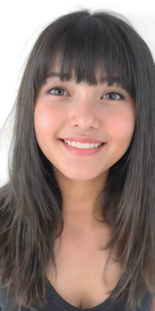 A (((professional photograph))) depicting a beautiful young well busty stunning gorgeous teenage girl with a sleek, straight black hair (((bangs))), long, soft and slightly hair, in a cute pose, looking up with a warm, inviting smile against a backdrop of a (open mouth) showcasing (white teeth) and a slightly imperfect complexion. His features are clear and detailed, with (hyper realistic texture), she wears a black short tank top, wide open front, deep v-neck, perfect fit body