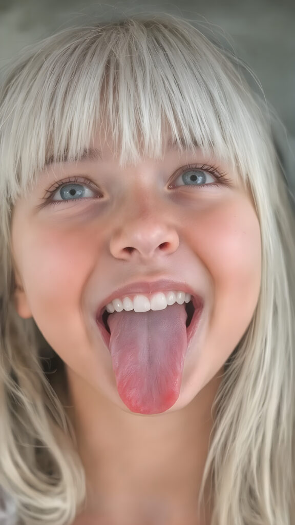 A (((professional photograph))) depicting a beautiful teenage girl with a sleek, straight white hair (((bangs))), long, soft and slightly messy hair that sticks out his tongue in a cute pose, looking up with a warm, inviting smile against a backdrop of a (wide open mouth) showcasing (white teeth) and a slightly imperfect complexion. His features are clear and detailed, with (hyperrealistic texture) that gives off a (high-quality, HDR-optimized aesthetic)