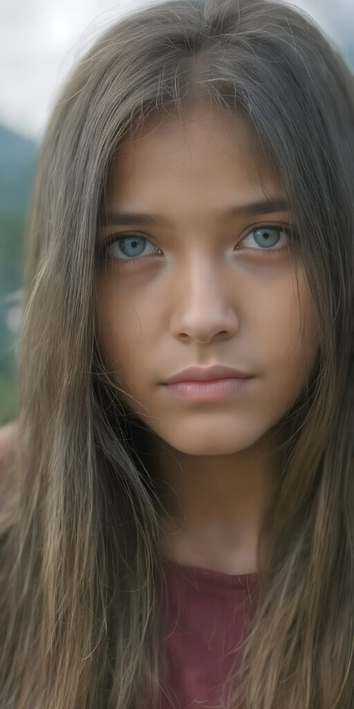 A (((realistically detailed full body portrait))) of a (((beautiful young Peruvian teen girl)), with straight long flowing hair, and (((white skin)), juxtaposed against a (((natural backdrop of a (high mountain range) with a (forest so dense it's indistinguishable from the misty green lush forests that surround it), under a (softly glowing, overhead light) that gives off an ethereal halo. Her features are exquisitely drawn, with (((perfect curved lips))), and (((white irises))). The overall style is reminiscent of classic Hollywood cinematography, with a (((natural, ultra realistic complexion))), and a (vivid, highly detailed, full color aesthetic) that completes the (professional, ultra realistic photo)