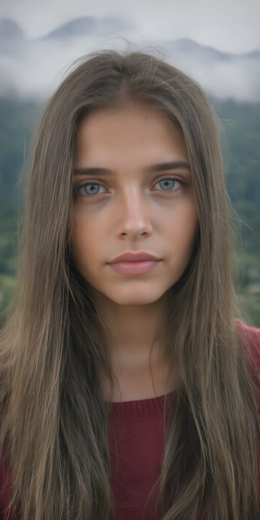 A (((realistically detailed portrait))) of a (((beautiful young Peruvian teen girl)), with straight long flowing hair, and (((white skin)), juxtaposed against a (((natural backdrop of a (high mountain range) with a (forest so dense it's indistinguishable from the misty green lush forests that surround it), under a (softly glowing, overhead light) that gives off an ethereal halo. Her features are exquisitely drawn, with (((perfect curved lips))), and (((white irises))). The overall style is reminiscent of classic Hollywood cinematography, with a (((natural, ultra realistic complexion))), and a (vivid, highly detailed, full color aesthetic) that completes the (professional, ultra realistic photo)