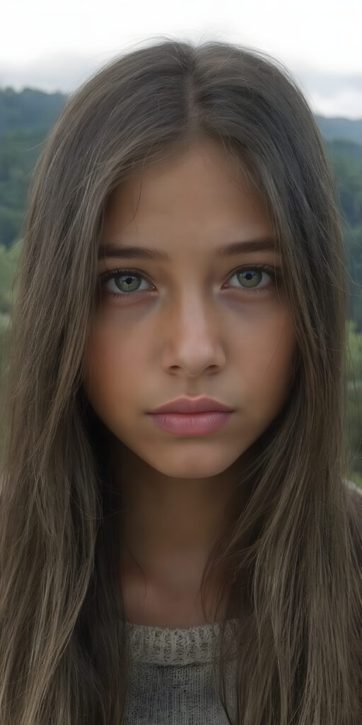 A (((realistically detailed portrait))) of a (((beautiful young Peruvian teen girl)), with straight long flowing hair, and (((white skin)), juxtaposed against a (((natural backdrop of a (high mountain range) with a (forest so dense it's indistinguishable from the misty green lush forests that surround it), under a (softly glowing, overhead light) that gives off an ethereal halo. Her features are exquisitely drawn, with (((perfect curved lips))), and (((white irises))). The overall style is reminiscent of classic Hollywood cinematography, with a (((natural, ultra realistic complexion))), and a (vivid, highly detailed, full color aesthetic) that completes the (professional, ultra realistic photo)