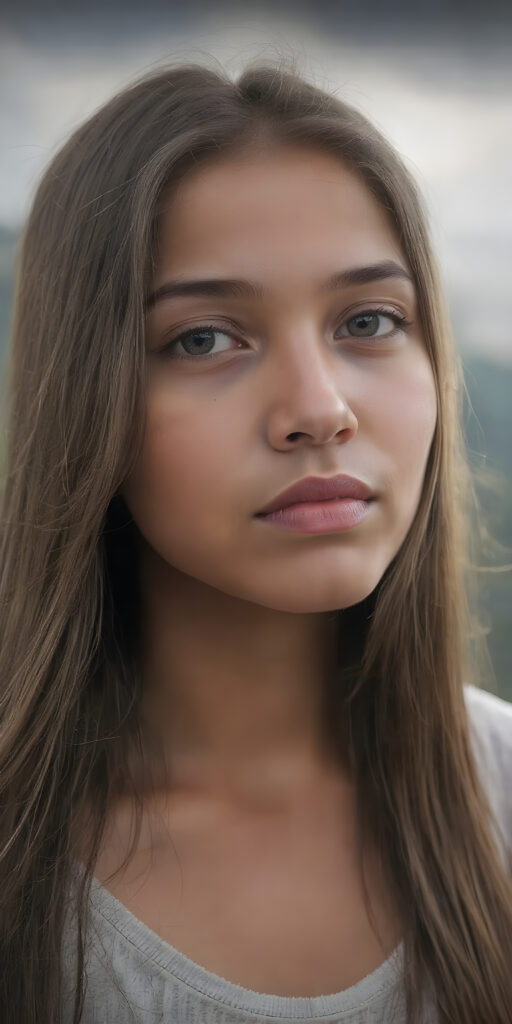 A (((realistically detailed portrait))) of a (((beautiful young Peruvian teen girl)), with straight long flowing hair, and (((white skin)), juxtaposed against a (((natural backdrop of a (high mountain range) with a (forest so dense it's indistinguishable from the misty green lush forests that surround it), under a (softly glowing, overhead light) that gives off an ethereal halo. Her features are exquisitely drawn, with (((perfect curved lips))), and (((white irises))). The overall style is reminiscent of classic Hollywood cinematography, with a (((natural, ultra realistic complexion))), and a (vivid, highly detailed, full color aesthetic) that completes the (professional, ultra realistic photo)