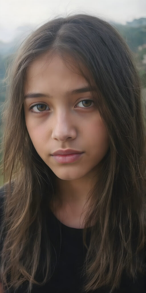 A (((realistically detailed full body portrait))) of a (((beautiful young Peruvian teen girl)), with straight long flowing hair, and (((white skin)), juxtaposed against a (((natural backdrop of a (high mountain range) with a (forest so dense it's indistinguishable from the misty green lush forests that surround it), under a (softly glowing, overhead light) that gives off an ethereal halo. Her features are exquisitely drawn, with (((perfect curved lips))), and (((white irises))). The overall style is reminiscent of classic Hollywood cinematography, with a (((natural, ultra realistic complexion))), and a (vivid, highly detailed, full color aesthetic) that completes the (professional, ultra realistic photo)