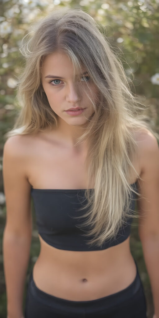 A (((realistically captured moment))) where a (((beautiful young teenage girl))) with flowing, (((straight, thick, untucked sommer blonde hair))), and (((natural, glowing eyes))), is posing in a (((short, high-cut, thin, yet distinctly visible, black crop top))), paired with a (((short, round, black mini skirt))) that accentuates her (((natural-toned legs))) in a (((natural, spring backdrop))), with a (((softly swirling wind))) gently moving her hair around her face and down her back, creating a (fantastically detailed, full-body portrait) that exudes an air of (extreme realism)