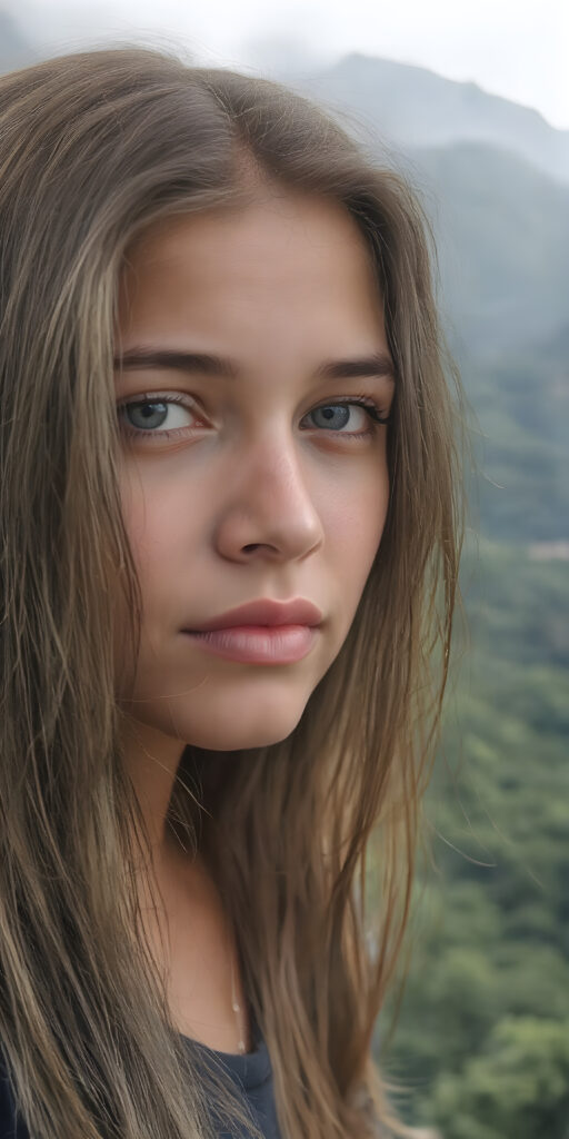 A (((realistically detailed portrait))) of a (((beautiful young Peruvian teen girl)), with straight long flowing hair, and (((white skin)), juxtaposed against a (((natural backdrop of a (high mountain range) with a (forest so dense it's indistinguishable from the misty green lush forests that surround it), under a (softly glowing, overhead light) that gives off an ethereal halo. Her features are exquisitely drawn, with (((perfect curved lips))), and (((white irises))). The overall style is reminiscent of classic Hollywood cinematography, with a (((natural, ultra realistic complexion))), and a (vivid, highly detailed, full color aesthetic) that completes the (professional, ultra realistic photo)