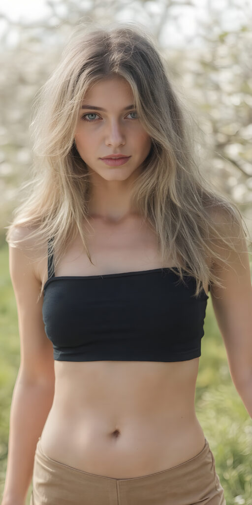 A (((realistically captured moment))) where a (((beautiful young teenage girl))) with flowing, (((straight, thick, untucked sommer blonde hair))), and (((natural, glowing eyes))), is posing in a (((short, high-cut, thin, yet distinctly visible, black crop top))), paired with a (((short, round, black mini skirt))) that accentuates her (((natural-toned legs))) in a (((natural, spring backdrop))), with a (((softly swirling wind))) gently moving her hair around her face and down her back, creating a (fantastically detailed, full-body portrait) that exudes an air of (extreme realism)