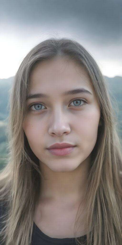 A (((realistically detailed full body portrait))) of a (((beautiful young Peruvian teen girl)), with straight long flowing hair, and (((white skin)), juxtaposed against a (((natural backdrop of a (high mountain range) with a (forest so dense it's indistinguishable from the misty green lush forests that surround it), under a (softly glowing, overhead light) that gives off an ethereal halo. Her features are exquisitely drawn, with (((perfect curved lips))), and (((white irises))). The overall style is reminiscent of classic Hollywood cinematography, with a (((natural, ultra realistic complexion))), and a (vivid, highly detailed, full color aesthetic) that completes the (professional, ultra realistic photo)