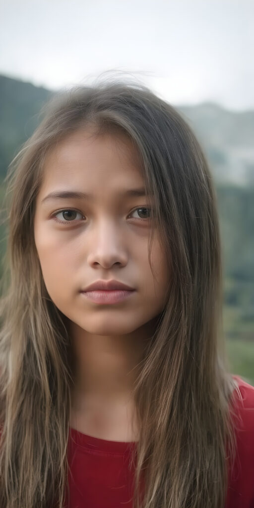 A (((realistically detailed portrait))) of a (((beautiful young Peruvian teen girl)), with straight long flowing hair, and (((white skin)), juxtaposed against a (((natural backdrop of a (high mountain range) with a (forest so dense it's indistinguishable from the misty green lush forests that surround it), under a (softly glowing, overhead light) that gives off an ethereal halo. Her features are exquisitely drawn, with (((perfect curved lips))), and (((white irises))). The overall style is reminiscent of classic Hollywood cinematography, with a (((natural, ultra realistic complexion))), and a (vivid, highly detailed, full color aesthetic) that completes the (professional, ultra realistic photo)