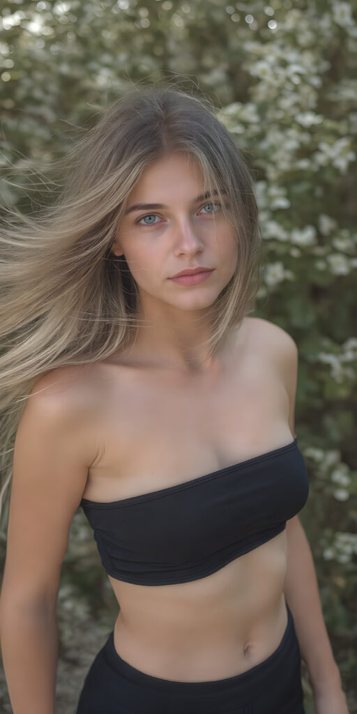 A (((realistically captured moment))) where a (((beautiful young teenage girl))) with flowing, (((straight, thick, untucked sommer blonde hair))), and (((natural, glowing eyes))), is posing in a (((short, high-cut, thin, yet distinctly visible, black crop top))), paired with a (((short, round, black mini skirt))) that accentuates her (((natural-toned legs))) in a (((natural, spring backdrop))), with a (((softly swirling wind))) gently moving her hair around her face and down her back, creating a (fantastically detailed, full-body portrait) that exudes an air of (extreme realism)