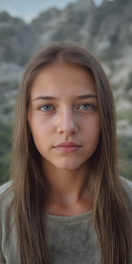 A (((realistically detailed full body portrait))) of a (((beautiful young Peruvian teen girl)), with straight long flowing hair, and (((white skin)), juxtaposed against a (((natural backdrop of a (high mountain range) with a (forest so dense it's indistinguishable from the misty green lush forests that surround it), under a (softly glowing, overhead light) that gives off an ethereal halo. Her features are exquisitely drawn, with (((perfect curved lips))), and (((white irises))). The overall style is reminiscent of classic Hollywood cinematography, with a (((natural, ultra realistic complexion))), and a (vivid, highly detailed, full color aesthetic) that completes the (professional, ultra realistic photo)