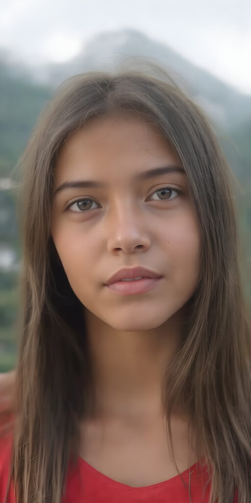 A (((realistically detailed full body portrait))) of a (((beautiful young Peruvian teen girl)), with straight long flowing hair, and (((white skin)), juxtaposed against a (((natural backdrop of a (high mountain range) with a (forest so dense it's indistinguishable from the misty green lush forests that surround it), under a (softly glowing, overhead light) that gives off an ethereal halo. Her features are exquisitely drawn, with (((perfect curved lips))), and (((white irises))). The overall style is reminiscent of classic Hollywood cinematography, with a (((natural, ultra realistic complexion))), and a (vivid, highly detailed, full color aesthetic) that completes the (professional, ultra realistic photo)