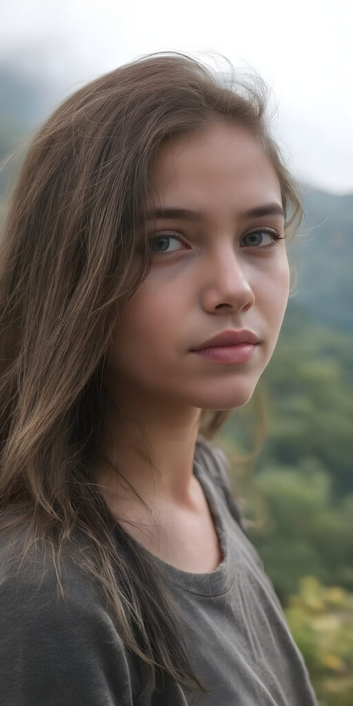 A (((realistically detailed full body portrait))) of a (((beautiful young Peruvian teen girl)), with straight long flowing hair, and (((white skin)), juxtaposed against a (((natural backdrop of a (high mountain range) with a (forest so dense it's indistinguishable from the misty green lush forests that surround it), under a (softly glowing, overhead light) that gives off an ethereal halo. Her features are exquisitely drawn, with (((perfect curved lips))), and (((white irises))). The overall style is reminiscent of classic Hollywood cinematography, with a (((natural, ultra realistic complexion))), and a (vivid, highly detailed, full color aesthetic) that completes the (professional, ultra realistic photo)