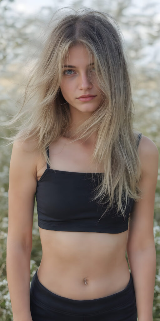 A (((realistically captured moment))) where a (((beautiful young teenage girl))) with flowing, (((straight, thick, untucked sommer blonde hair))), and (((natural, glowing eyes))), is posing in a (((short, high-cut, thin, yet distinctly visible, black crop top))), paired with a (((short, round, black mini skirt))) that accentuates her (((natural-toned legs))) in a (((natural, spring backdrop))), with a (((softly swirling wind))) gently moving her hair around her face and down her back, creating a (fantastically detailed, full-body portrait) that exudes an air of (extreme realism)