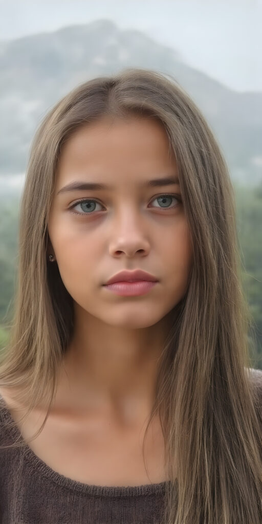 A (((realistically detailed portrait))) of a (((beautiful young Peruvian teen girl)), with straight long flowing hair, and (((white skin)), juxtaposed against a (((natural backdrop of a (high mountain range) with a (forest so dense it's indistinguishable from the misty green lush forests that surround it), under a (softly glowing, overhead light) that gives off an ethereal halo. Her features are exquisitely drawn, with (((perfect curved lips))), and (((white irises))). The overall style is reminiscent of classic Hollywood cinematography, with a (((natural, ultra realistic complexion))), and a (vivid, highly detailed, full color aesthetic) that completes the (professional, ultra realistic photo)