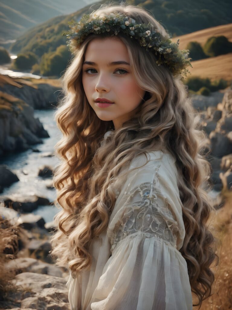 a (((small, young girl))), her hair in (((long, wavy locks))), with dark, striking eyes and a cap on head, exuding an air of innocence and cuteness. Her features are sharply defined, with full lips and an ethereal beauty reflective of an angelic visage. In the (((background))), a (quarry) with its distinctive contours and stone walls provide a beautifully contrasting backdrop