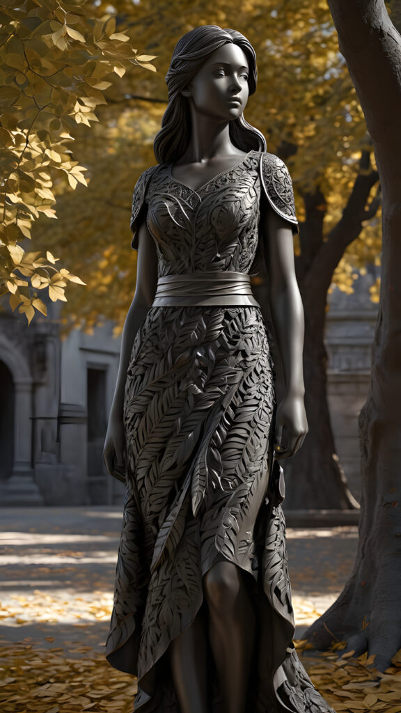 a (((statue))) in a (((subtle, shadowy environment))), representing a girl with a flowing straight hair and a belt made of intricate, interwoven ((tree leaves)), poised in a serene, contemplative pose, full body shot