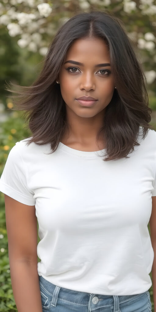 A (((stunningly beautiful lady))) with flowing, (((short, slightly wavy, dark straight hair))), (((vividly brown eyes))), and (((light brown skin))), that exudes a (soft, natural glow) against a backdrop of a (spring-time garden) where she's elegantly posed, (((Dressed in a (((white t-shirt))), (((Blue jeans))), that complements her outfit, highlighting her poised, natural beauty in a (hyper-realistic, 8K photograph), with (extremely detailed and intricate details) that bring out the (natural beauty and subtle details of her skin) in a (professional studio setting)