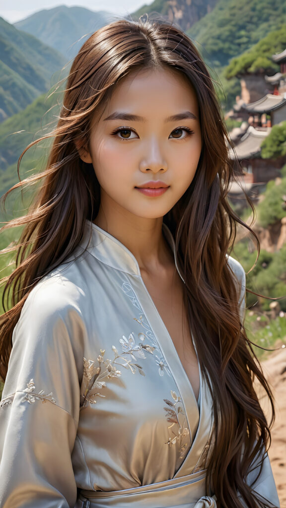 A stunningly (((super realistic, detailed portrait))), featuring a (((beautiful young Chinese girl with long, flowing hair))), caught in a (((serene moment of tenderness))), with her gaze softly directed towards the viewer, a slight (smile) that adds a touch of warmth, her ((curved body)) softly outlined by her (serene, chocolate brown hills) backdrop, exuding an air of (intricate, natural beauty) and (mental calmness), hyper detailed, 8k, both