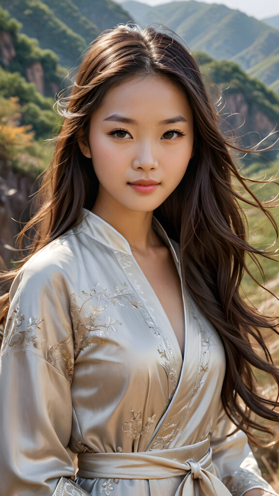 A stunningly (((super realistic, detailed portrait))), featuring a (((beautiful young Chinese girl with long, flowing hair))), caught in a (((serene moment of tenderness))), with her gaze softly directed towards the viewer, a slight (smile) that adds a touch of warmth, her ((curved body)) softly outlined by her (serene, chocolate brown hills) backdrop, exuding an air of (intricate, natural beauty) and (mental calmness), hyper detailed, 8k, both