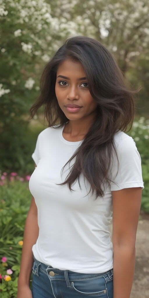 A (((stunningly beautiful lady))) with flowing, (((short, slightly wavy, dark straight hair))), (((vividly brown eyes))), and (((light brown skin))), that exudes a (soft, natural glow) against a backdrop of a (spring-time garden) where she's elegantly posed, (((Dressed in a (((white t-shirt))), (((Blue jeans))), that complements her outfit, highlighting her poised, natural beauty in a (hyper-realistic, 8K photograph), with (extremely detailed and intricate details) that bring out the (natural beauty and subtle details of her skin) in a (professional studio setting)