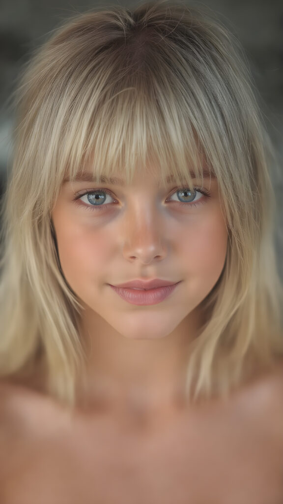 A (((stunningly beautiful full body portrait))) featuring a young girl with (intricate, detailed straight blonde hair) and a (vividly toned, natural face) that exudes an air of playful imagination and creativity. She looks directly into the camera, with her gaze holding a (cheerful smile) that complements her flawless complexion beautifully. The scene is all about the woman's body and its intricate details, with emphasis on exuding a youthful athletic beauty that radiates from her natural form