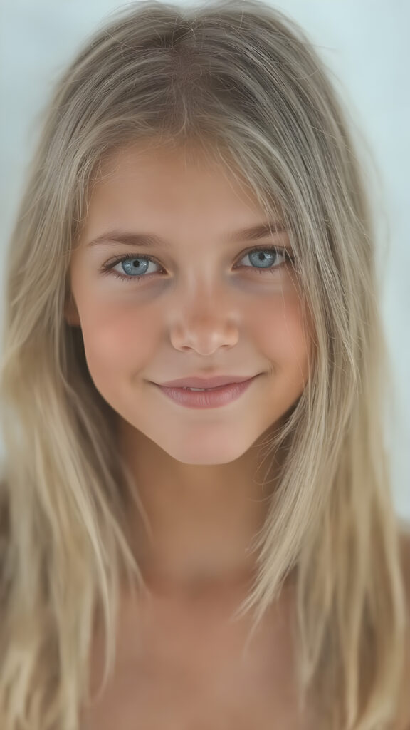 A (((stunningly beautiful full body portrait))) featuring a young girl with (intricate, detailed straight blonde hair) and a (vividly toned, natural face) that exudes an air of playful imagination and creativity. She looks directly into the camera, with her gaze holding a (cheerful smile) that complements her flawless complexion beautifully. The scene is all about the woman's body and its intricate details, with emphasis on exuding a youthful athletic beauty that radiates from her natural form