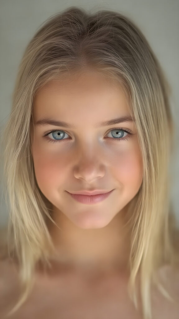 A (((stunningly beautiful full body portrait))) featuring a young girl with (intricate, detailed straight blonde hair) and a (vividly toned, natural face) that exudes an air of playful imagination and creativity. She looks directly into the camera, with her gaze holding a (cheerful smile) that complements her flawless complexion beautifully. The scene is all about the woman's body and its intricate details, with emphasis on exuding a youthful athletic beauty that radiates from her natural form